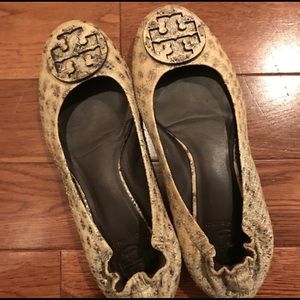 Tory Burch Snakeskin Reva Flats Tan Black Size 7.5